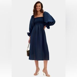 Sleeper Atlanta Linen Midi Dress in Navy - Large